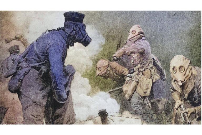 Durch Wolken von Giftgas: Britische Truppen überfallen während des Ersten Weltkriegs  deutsche Linien.