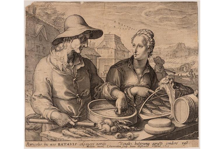 Im Kupferstich „Der Bauer und seine Frau auf dem Markt“ von Jan Saenredam von 1615 geht es nur vordergründig um Essen. Die Teigtaschen und das Gemüse symbolisieren auch Erotik. Reproduktion: Janine Kyofsky